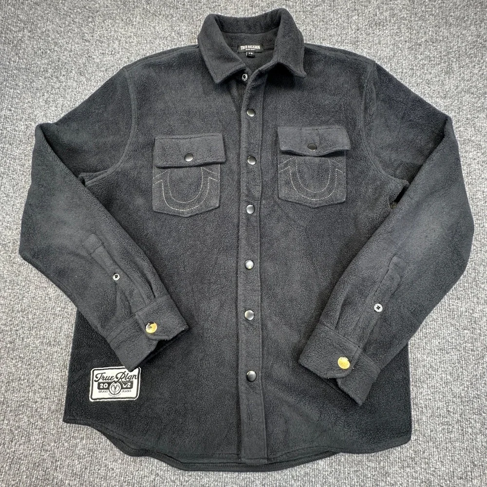 True Religion Fleece Shirt Jacket Mens Medium Black Snap Front Shacket Horseshoe